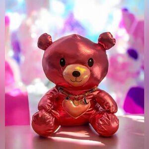 Shiny Hot Pink Metallic Heart Teddy Plush Toy